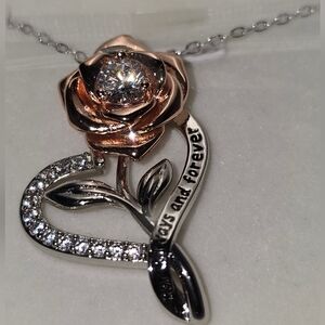 Cubic Zirconia Rose Necklace White Gold New